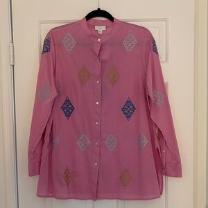 J. Jill Pink Blouse with Blue and Gold Diamond Patterns